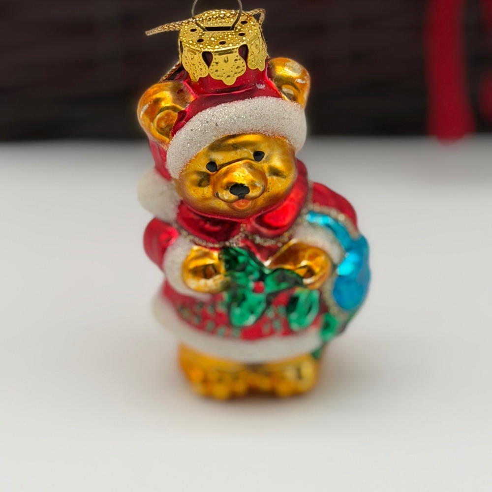 Vintage Style Blown Glass Teddy Bear Christmas Ornament Red Gold Glitter Decor